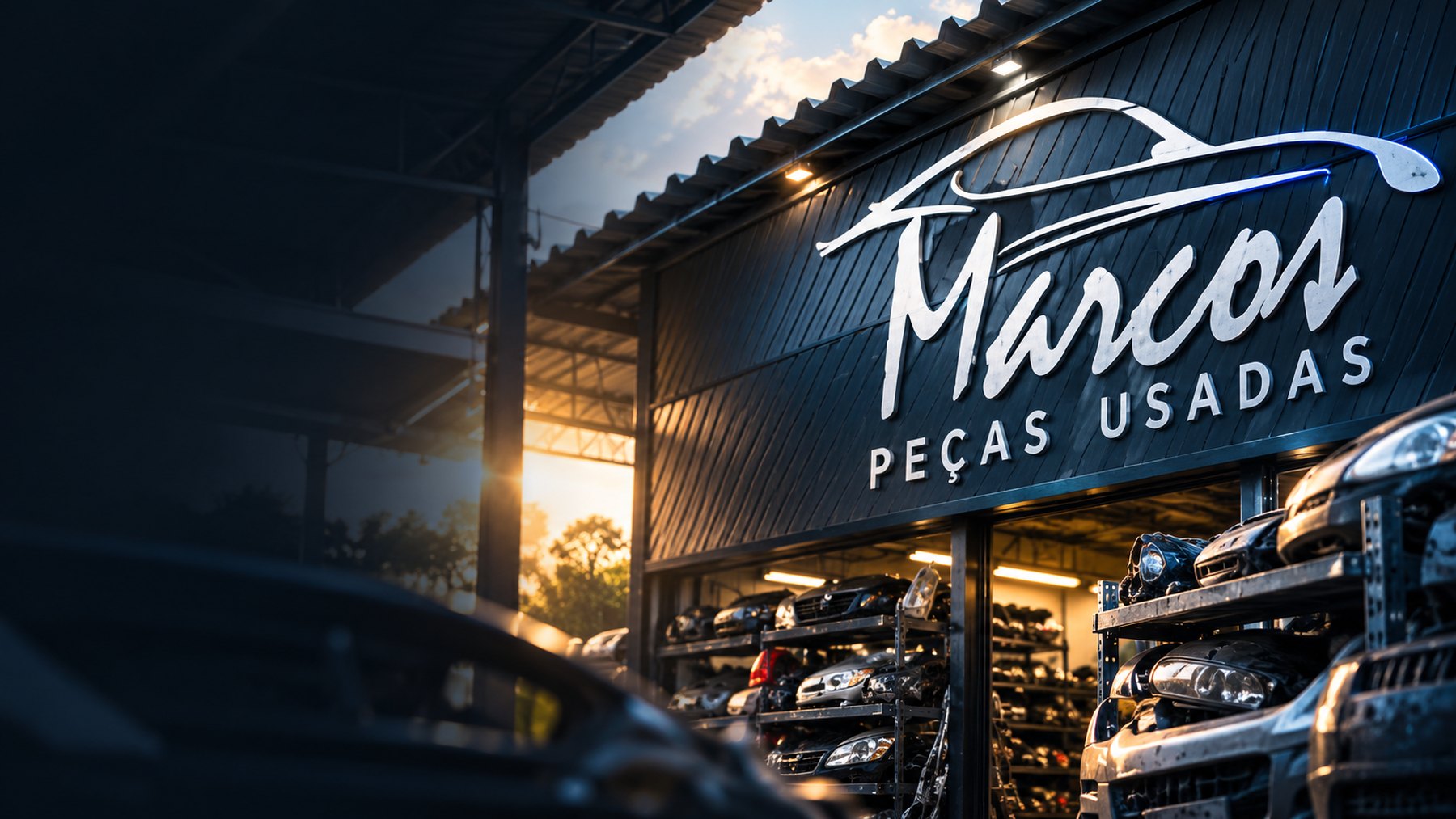 Fachada da Marcos Peças Usadas em Olinda, com prateleiras de peças ao fundo